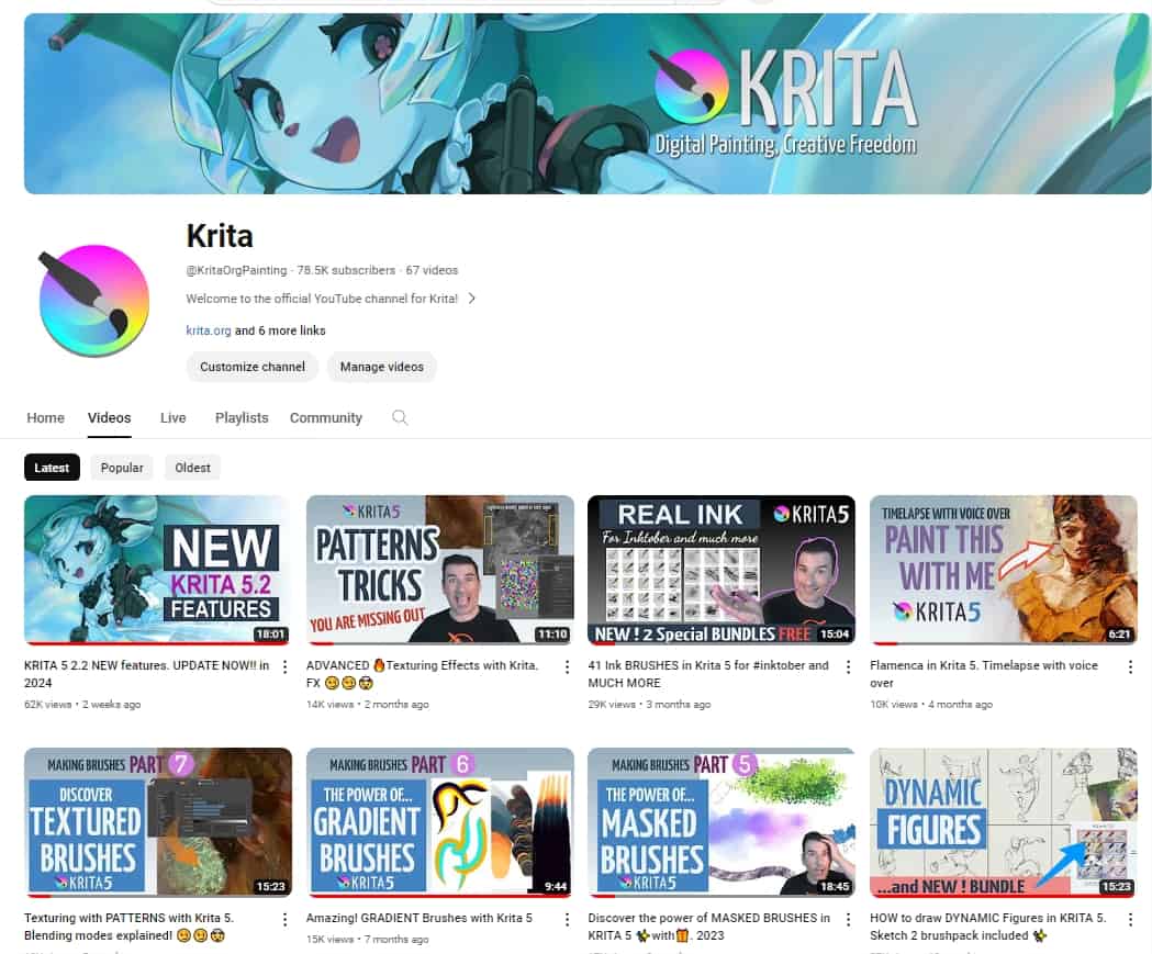 Imagen del canal de Krita en Youtube. Enseña una previsualización de los contenidos del canal.